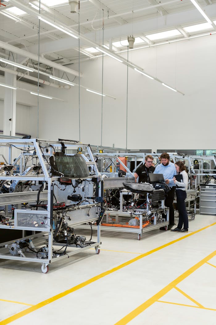 services-03 Team of engineers discussing projects in a high-tech factory setting.